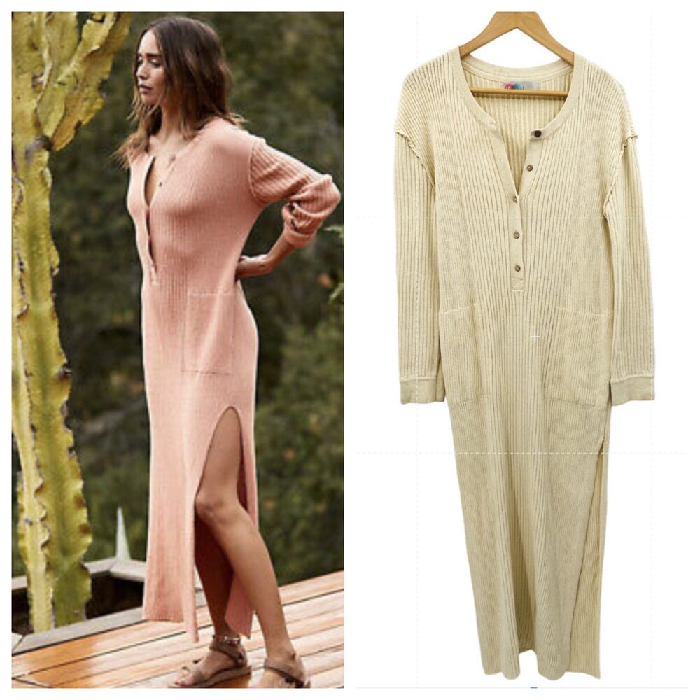 Free People Beach Cream Ribbed Knit Henley Maxi Dress